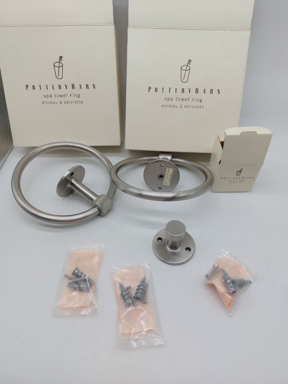 Pottery Barn Chrome Bath Round Towel ring Holder Set Of 2 And 1 Wall Hook READ